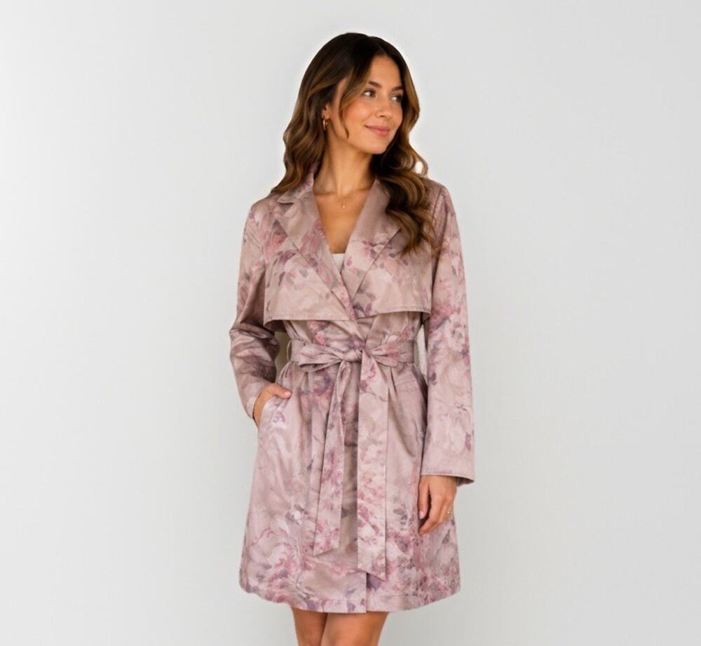 American Glamour Badgley Mischka Trench Style Coat Women’s XS Belted Pink Gray